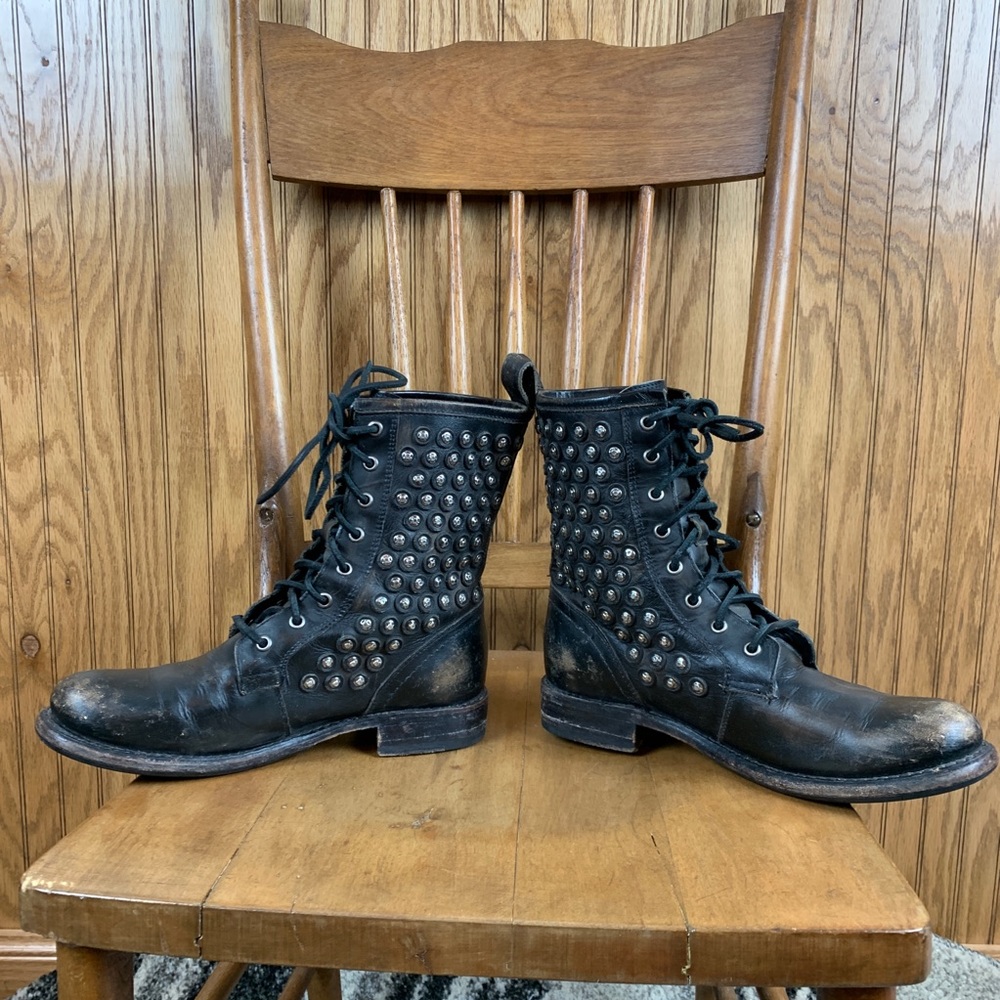 Studded Black Leather Lace-Up Combat Boots - Picture 5 of 7